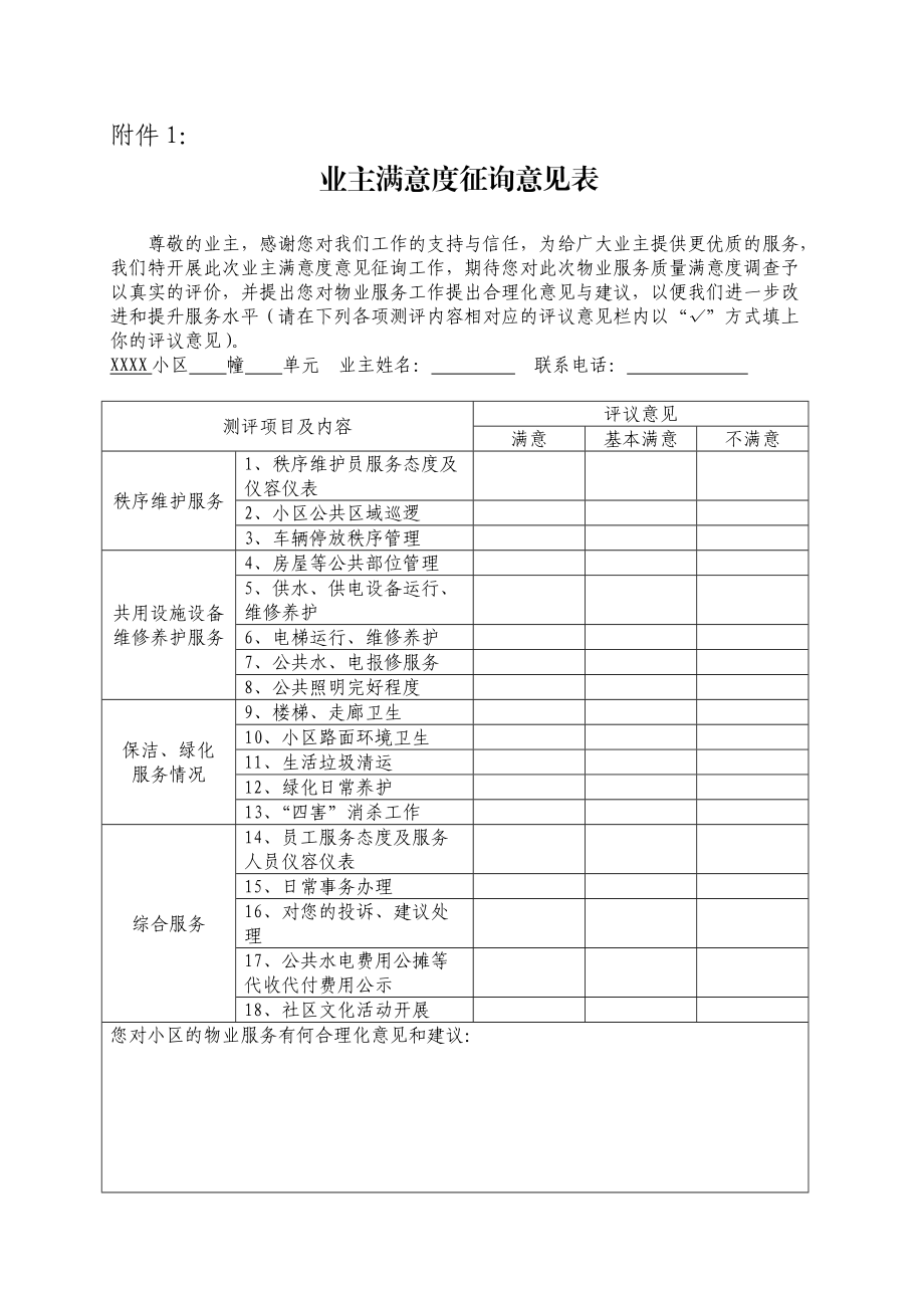 關(guān)于小區(qū)物業(yè)服務(wù)評(píng)估暨業(yè)主滿意度聯(lián)查表的樣式與使用建議